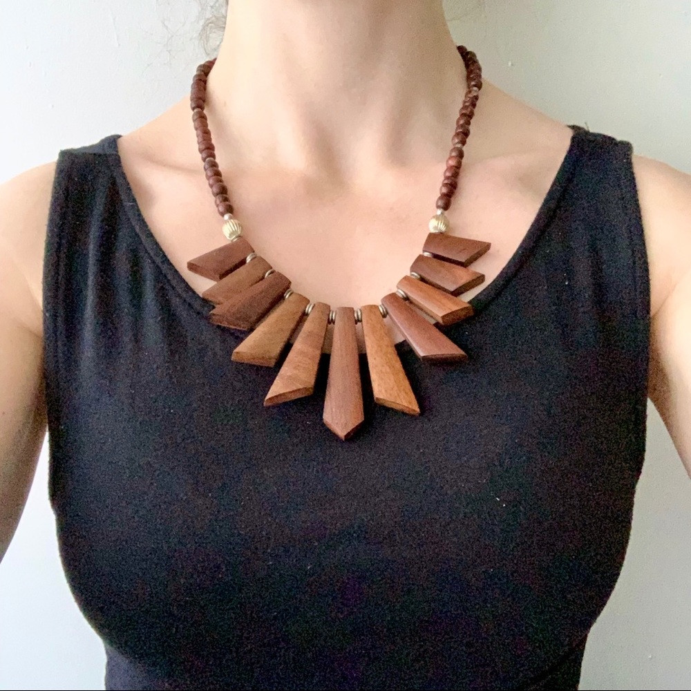 Wood Statement Necklace Geometric Boho Tropical Beach Resortwear Vacation Tribal